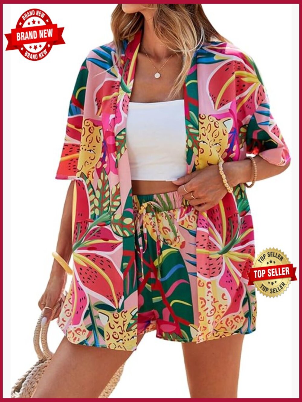 Tropical Print Kimono & Shorts Set Summer 2 Piece